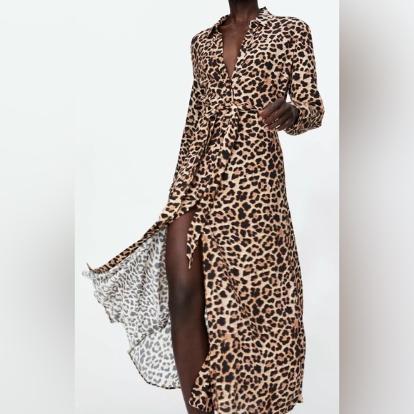 Zara Belted Maxi Leopard Buttoned Dress - Size Large -NWT - Picture 8 of 10